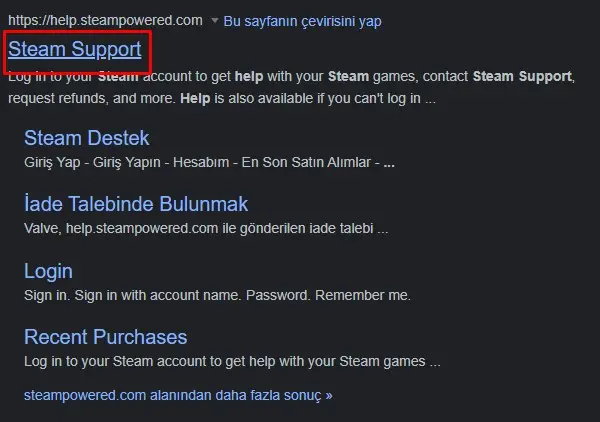 help.steampowered.com internet sitesine girin